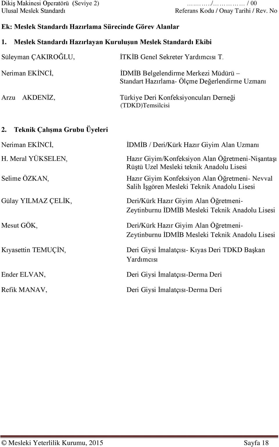 Teknik Çalışma Grubu Üyeleri Neriman EKİNCİ, İDMİB / Deri/Kürk Hazır Giyim Alan Uzmanı H.