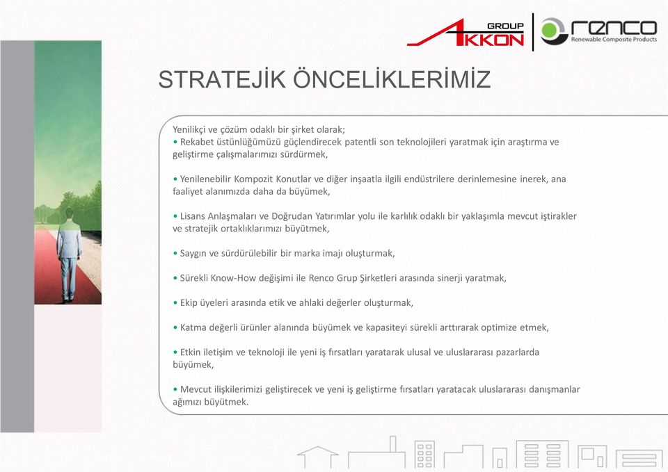 bir yaklaşımla mevcut iştirakler ve stratejik ortaklıklarımızı büyütmek, Saygın ve sürdürülebilir bir marka imajı oluşturmak, Sürekli Know-How değişimi ile Renco Grup Şirketleri arasında sinerji