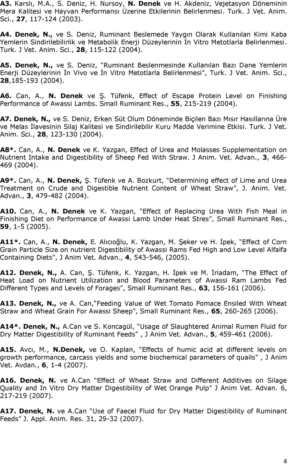 , 28, 115-122 (2004). A5. Denek, N., ve S. Deniz, Ruminant Beslenmesinde Kullanılan Bazı Dane Yemlerin Enerji Düzeylerinin İn Vivo ve İn Vitro Metotlarla Belirlenmesi, Turk. J Vet. Anim. Sci.
