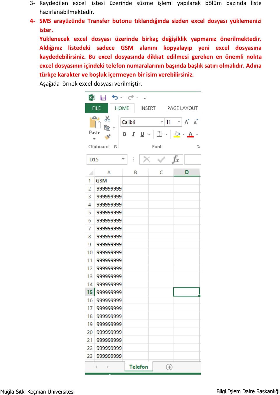 Yüklenecek excel dosyası üzerinde birkaç değişiklik yapmanız önerilmektedir.