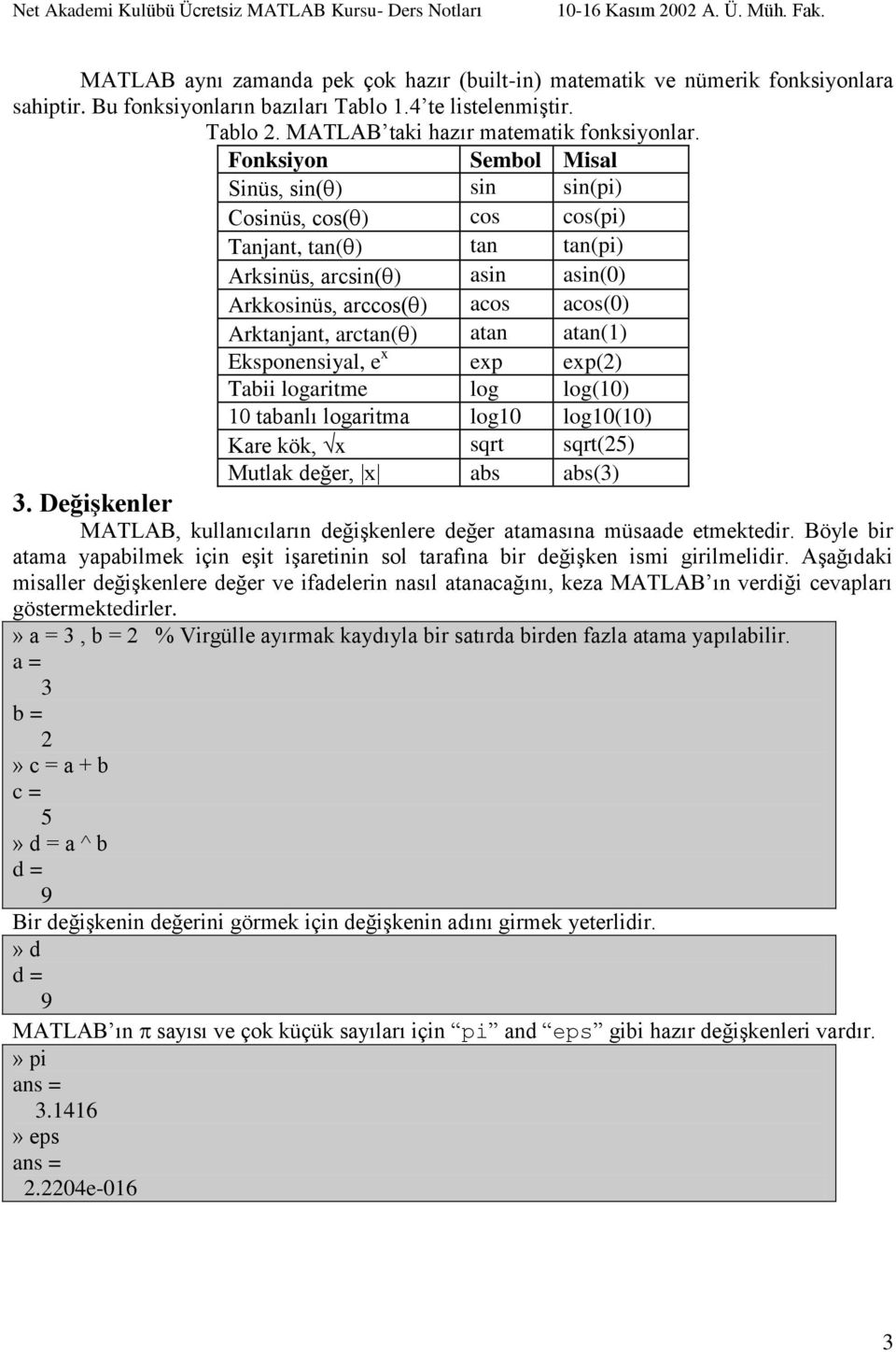 atan(1) Eksponensiyal, e x exp exp() Tabii logaritme log log(10) 10 tabanlı logaritma log10 log10(10) Kare kök, x sqrt sqrt(5) Mutlak değer, x abs abs(3) 3.