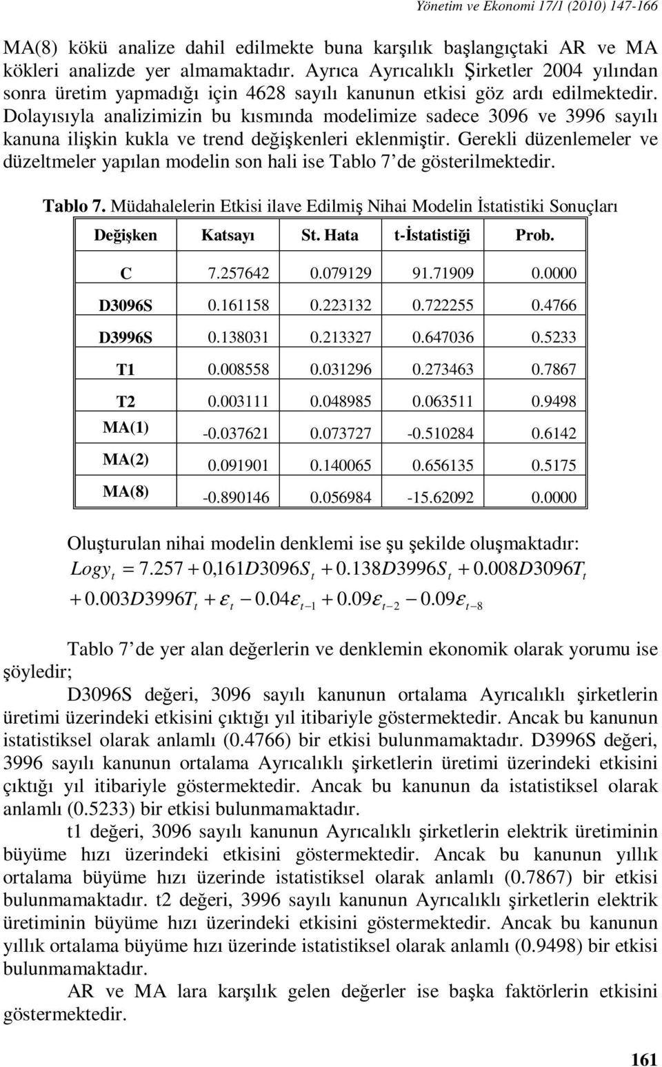 Dolayısıyla analizimizin bu kısmında modelimize sadece 3096 ve 3996 sayılı kanuna ilişkin kukla ve rend değişkenleri eklenmişir.