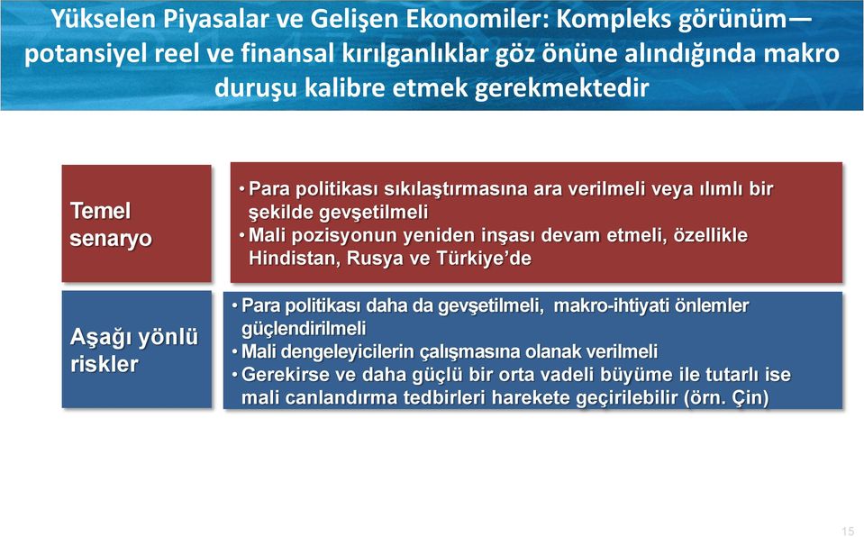 inşası devam etmeli, özellikle Hindistan, Rusya ve Türkiye de Para politikası daha da gevşetilmeli, makro-ihtiyati önlemler güçlendirilmeli Mali