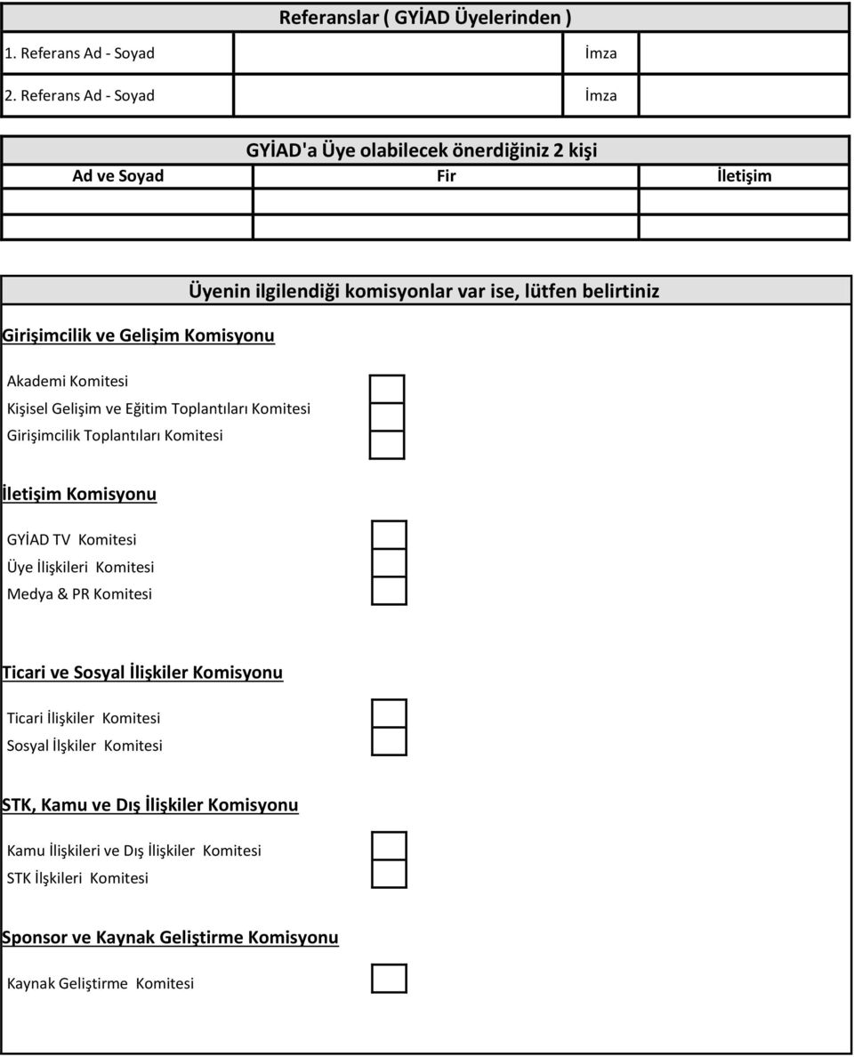 Gelişim Komisyonu Akademi Komitesi Kişisel Gelişim ve Eğitim Toplantıları Komitesi Girişimcilik Toplantıları Komitesi İletişim Komisyonu GYİAD TV Komitesi Üye İlişkileri