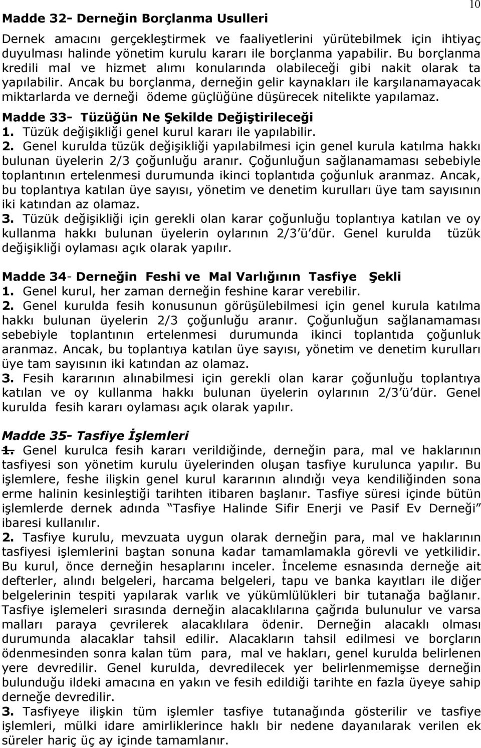 Ancak bu borçlanma, derneğin gelir kaynakları ile karşılanamayacak miktarlarda ve derneği ödeme güçlüğüne düşürecek nitelikte yapılamaz. Madde 33- Tüzüğün Ne Şekilde Değiştirileceği 1.