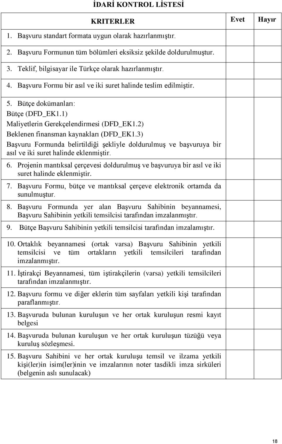 2) Beklenen finansman kaynakları (DFD_EK1.3) Başvuru Formunda belirtildiği şekliyle doldurulmuş ve başvuruya bir asıl ve iki suret halinde eklenmiştir. 6.