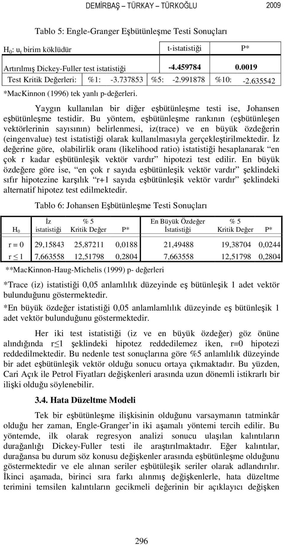 Bu yöntem, eşbütünleşme rankının (eşbütünleşen vektörlerinin sayısının) belirlenmesi, iz(trace) ve en büyük özdeğerin (eingenvalue) test istatistiği olarak kullanılmasıyla gerçekleştirilmektedir.