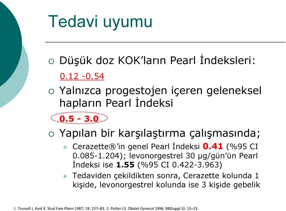 204); levonorgestrel 30 μg/gün ün Pearl İndeksi ise 1.55 (%95 CI 0.422-3.