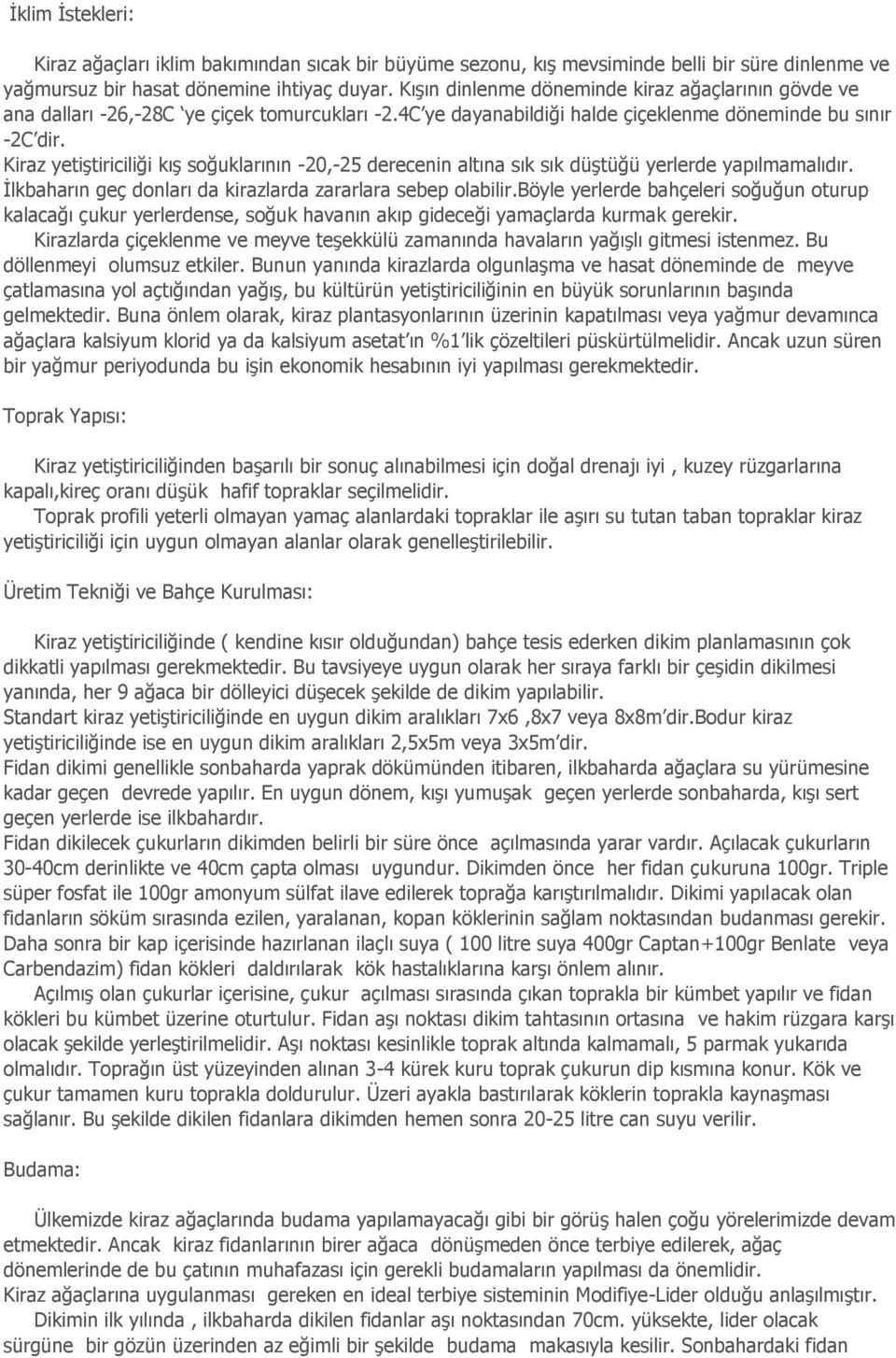 Kiraz yetiştiriciliği kış soğuklarının -20,-25 derecenin altına sık sık düştüğü yerlerde yapılmamalıdır. İlkbaharın geç donları da kirazlarda zararlara sebep olabilir.