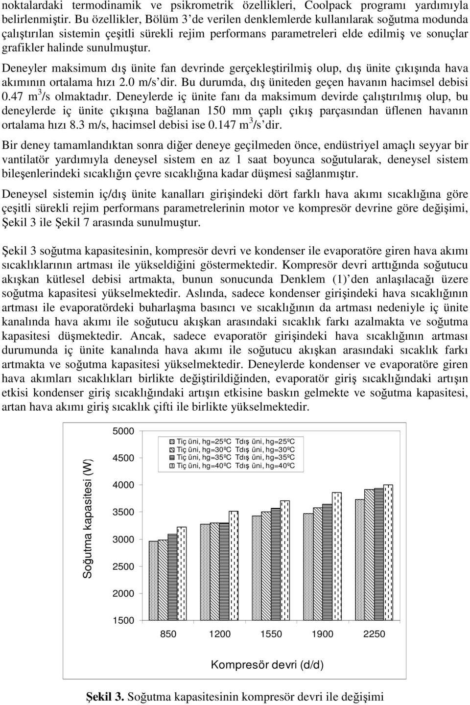 Deneyler maksimum dış ünite fan devrinde gerçekleştirilmiş olup, dış ünite çıkışında hava akımının ortalama hızı 2.0 m/s dir. Bu durumda, dış üniteden geçen havanın hacimsel debisi 0.