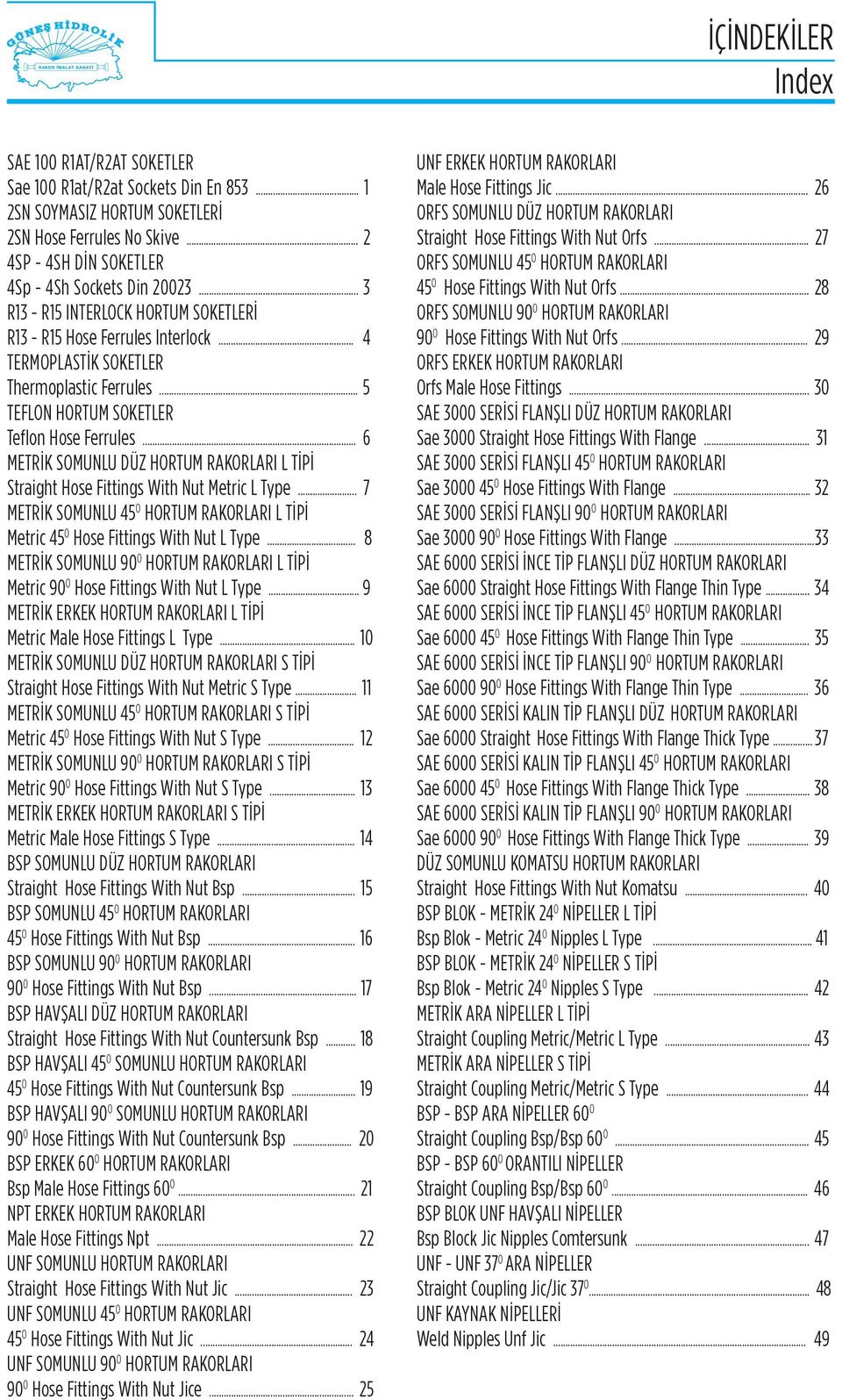 .. 6 MERİK SOMUNLU ÜZ HORUM RKORLRI L İPİ Straight Hose Fittings With Nut Metric L ype... 7 MERİK SOMUNLU 45 0 HORUM RKORLRI L İPİ Metric 45 0 Hose Fittings With Nut L ype.
