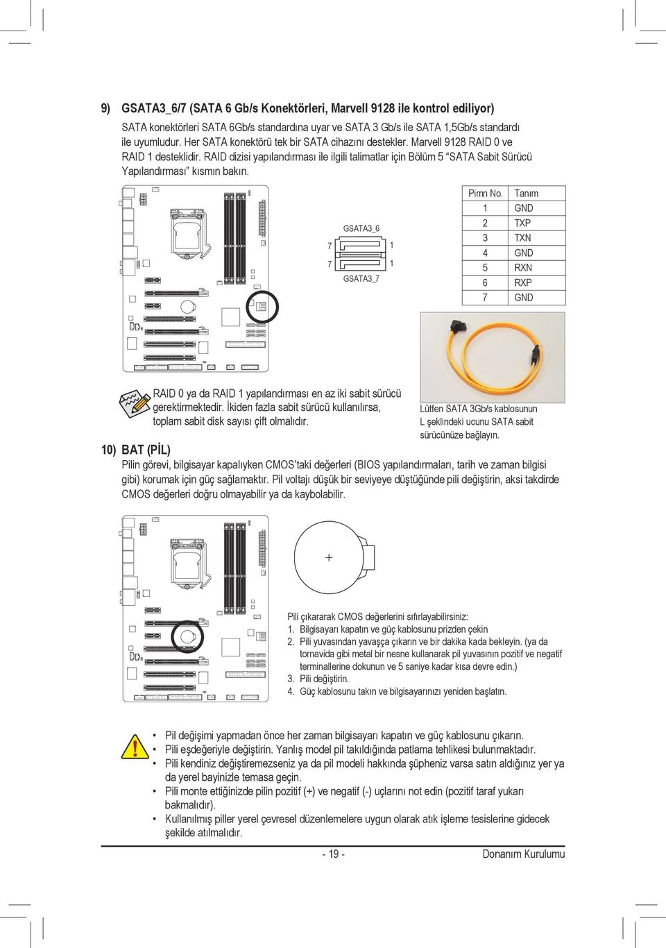 7 7 GSATA3_6 GSATA3_7 Pimn No. Tanım GND 2 TXP 3 TXN 4 GND 5 RXN 6 RXP 7 GND RAID 0 ya da RAID yapılandırması en az iki sabit sürücü gerektirmektedir.