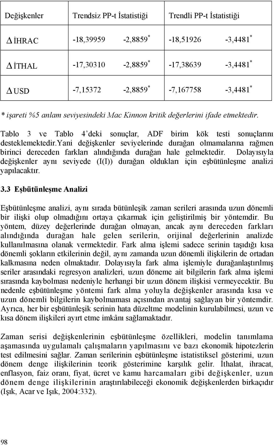 yan değşkenler sevelernde durağan olmamalarına rağmen brnc dereceden farkları alındığında durağan hale gelmekedr.