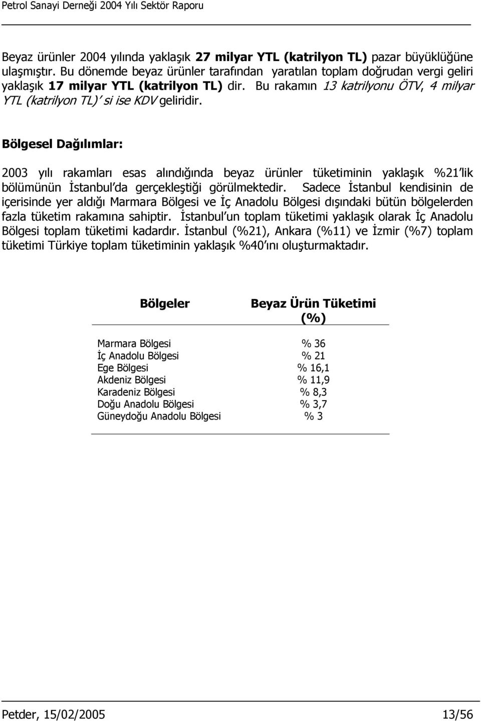 Bölgesel Dağılımlar: 2003 yılı rakamları esas alındığında beyaz ürünler tüketiminin yaklaşık %21 lik bölümünün İstanbul da gerçekleştiği görülmektedir.
