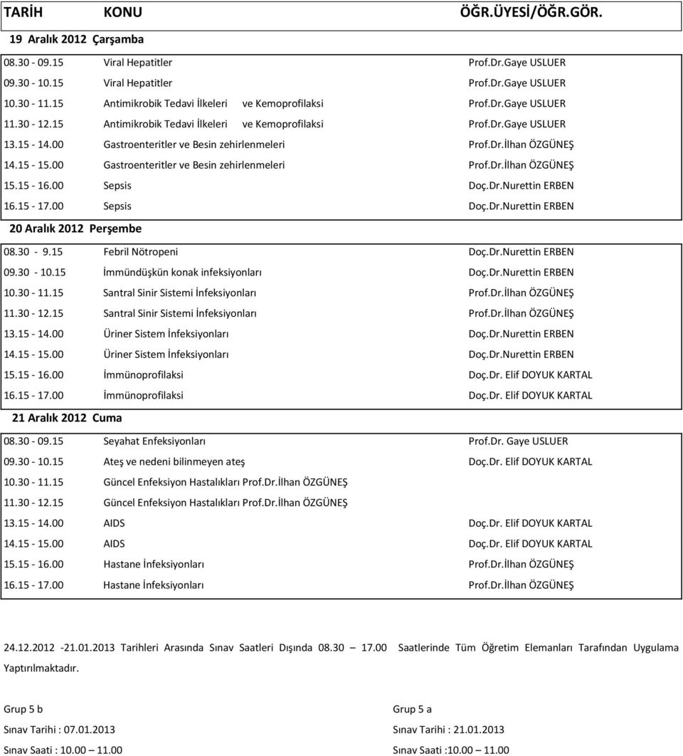 30-12.15 Santral Sinir Sistemi İnfeksiyonları Prof.Dr.İlhan ÖZGÜNEŞ 21 Aralık 2012 Cuma 24.12.2012-21.01.2013 Tarihleri Arasında Sınav Saatleri Dışında 08.