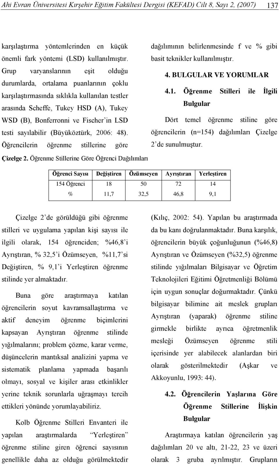 ayılabilir (Büyüköztürk, 2006: 48). Öğrencilerin öğrenme tillerine göre dağılımının belirlenmeinde f ve % gibi bait teknikler kullanılmıştır. 4. BULGULAR VE YORUMLAR 4.1.