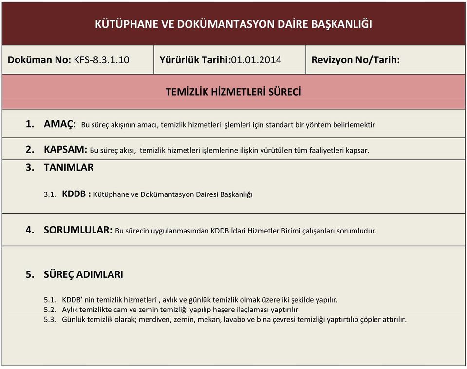 KAPSAM: Bu süreç akışı, temizlik hizmetleri işlemlerine ilişkin yürütülen tüm faaliyetleri kapsar. 3. TANIMLAR 3.1. KDDB : Kütüphane ve Dokümantasyon Dairesi Başkanlığı 4.