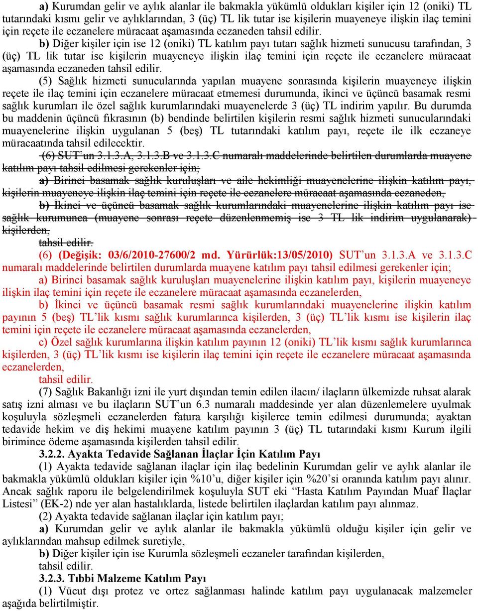 b) Diğer kişiler için ise 12 (oniki) TL katılım payı tutarı sağlık hizmeti sunucusu tarafından, 3 (üç) TL lik tutar ise kişilerin muayeneye ilişkin ilaç temini  (5) Sağlık hizmeti sunucularında