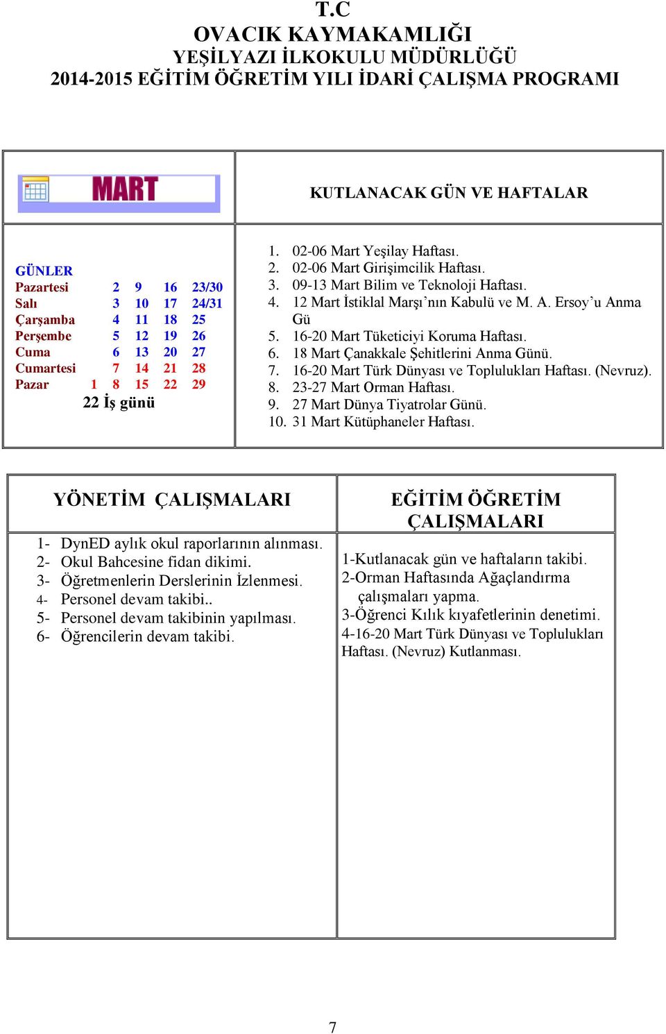 16-20 Mart Türk Dünyası ve Toplulukları Haftası. (Nevruz). 8. 23-27 Mart Orman Haftası. 9. 27 Mart Dünya Tiyatrolar Günü. 10. 31 Mart Kütüphaneler Haftası. 2- Okul Bahcesine fidan dikimi.