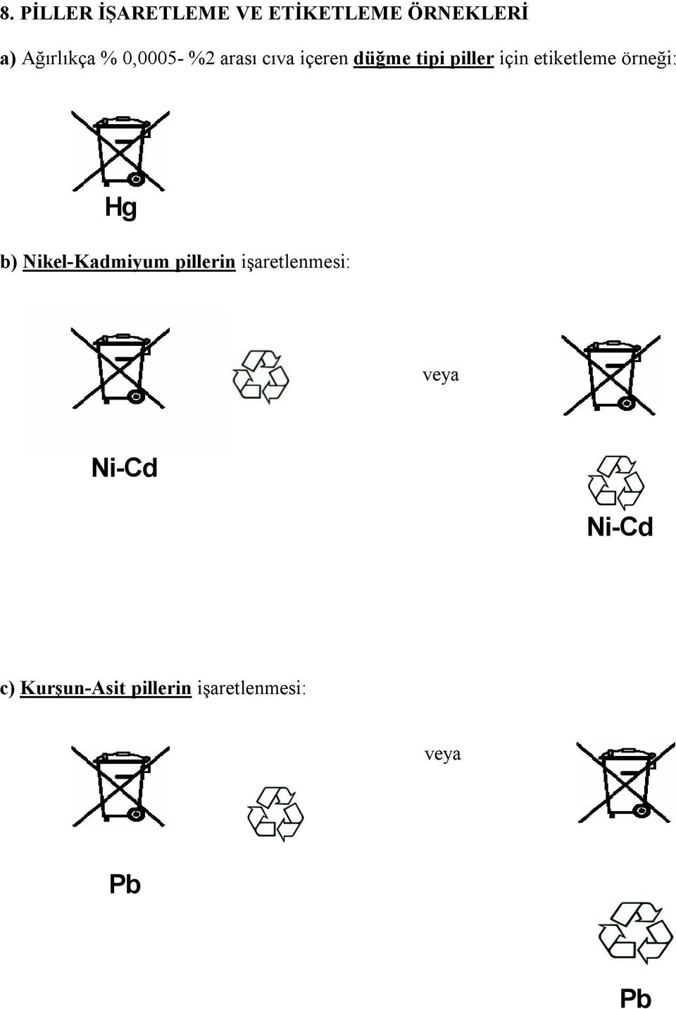 piller için etiketleme örneği: Hg b) Nikel-Kadmiyum
