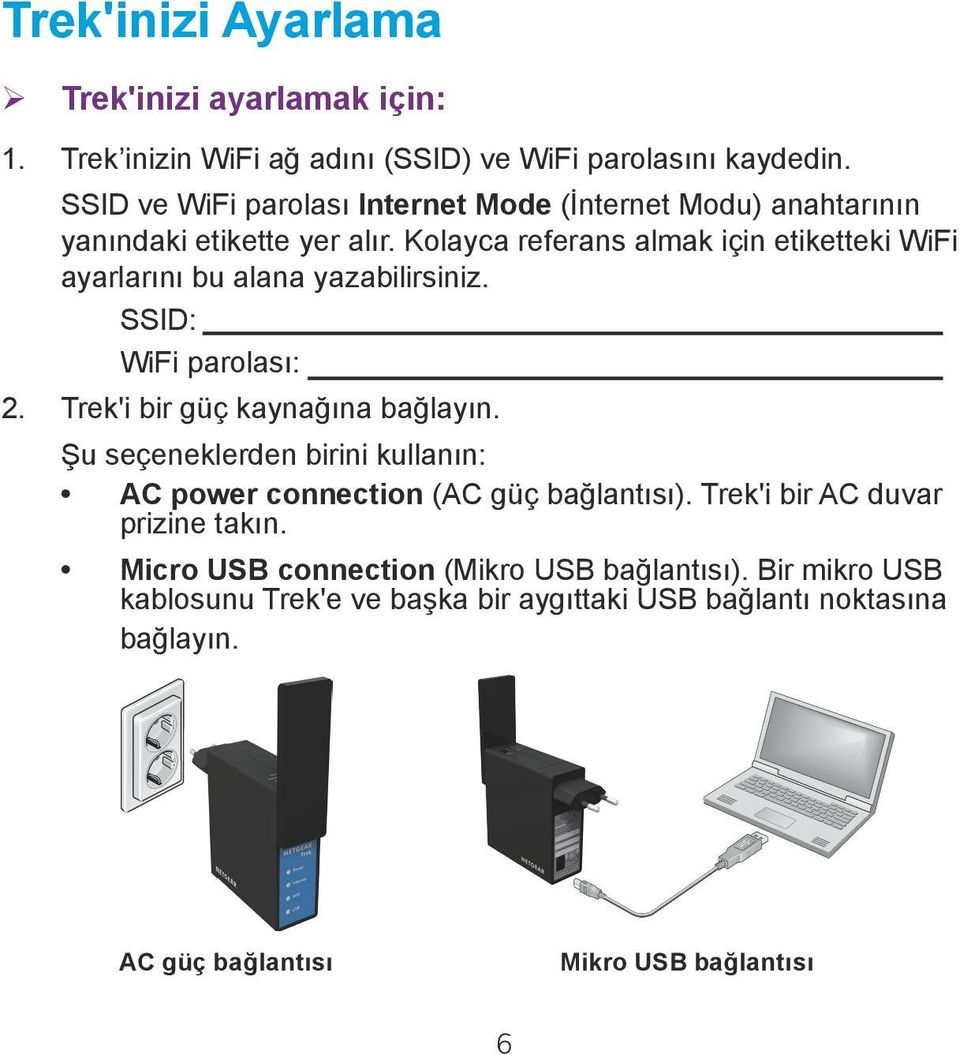 Kolayca referans almak için etiketteki WiFi ayarlarını bu alana yazabilirsiniz. SSID: WiFi parolası: 2. Trek'i bir güç kaynağına bağlayın.