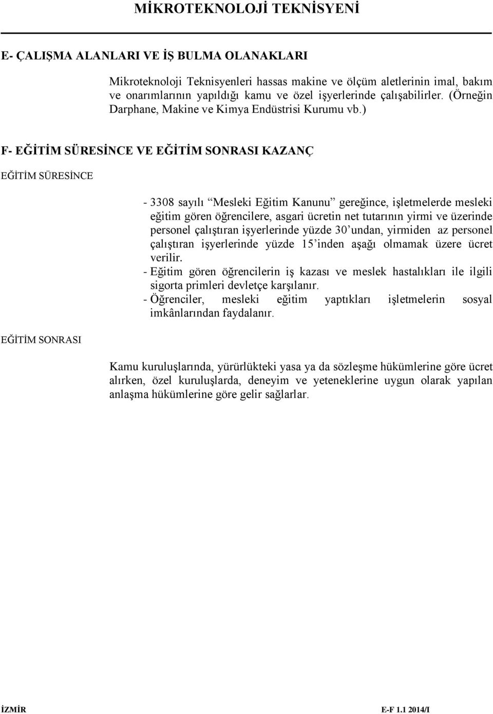 ) F- EĞİTİM SÜRESİNCE VE EĞİTİM SONRASI KAZANÇ EĞİTİM SÜRESİNCE EĞİTİM SONRASI - 3308 sayılı Mesleki Eğitim Kanunu gereğince, işletmelerde mesleki eğitim gören öğrencilere, asgari ücretin net