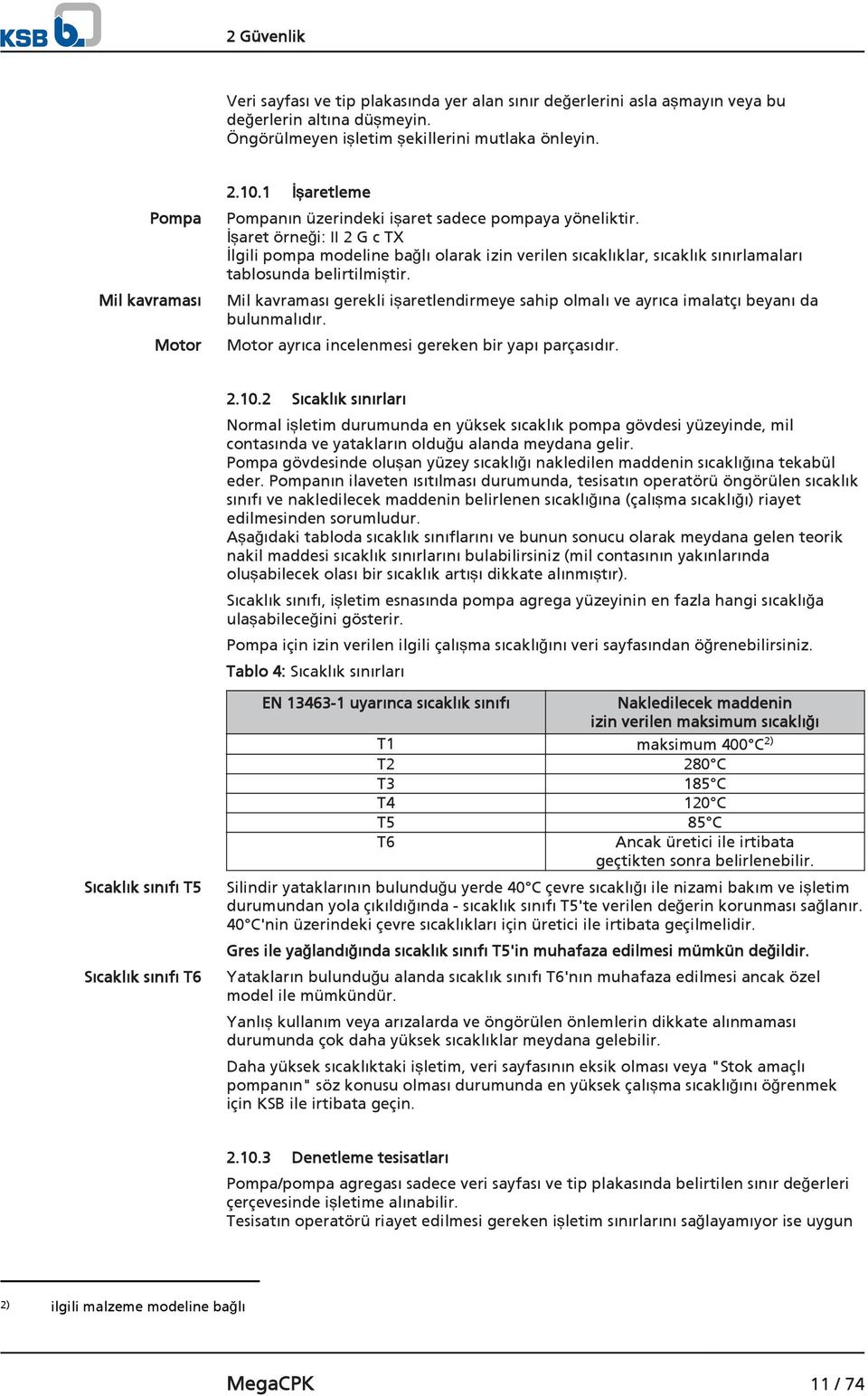 İşaret örneği: II 2 G c TX İlgili pompa modeline bağlı olarak izin verilen sıcaklıklar, sıcaklık sınırlamaları tablosunda belirtilmiştir.