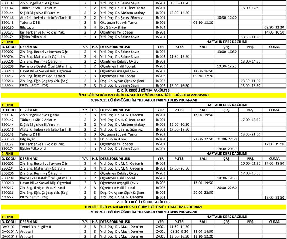 Meltem Atabay B/201 13:00-14:50 ZEO146 Atatürk İlkeleri ve İnkılâp Tarihi II 2 2 Yrd. Doç. Dr.