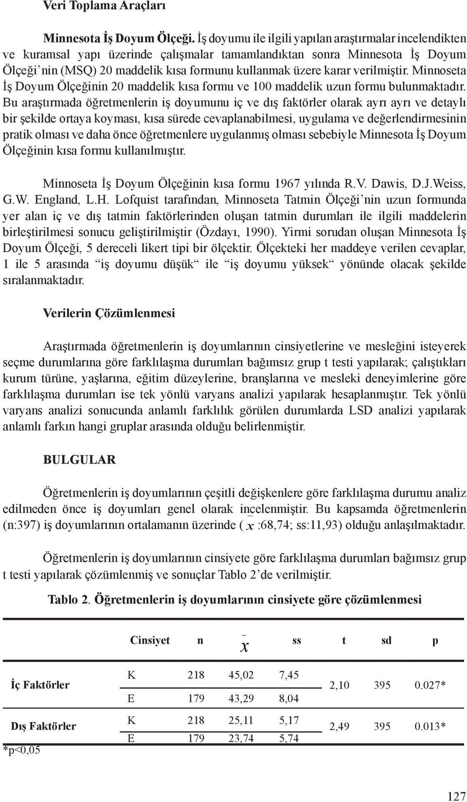 verilmiştir. Minnoseta İş Doyum Ölçeğinin 20 maddelik kısa formu ve 100 maddelik uzun formu bulunmaktadır.