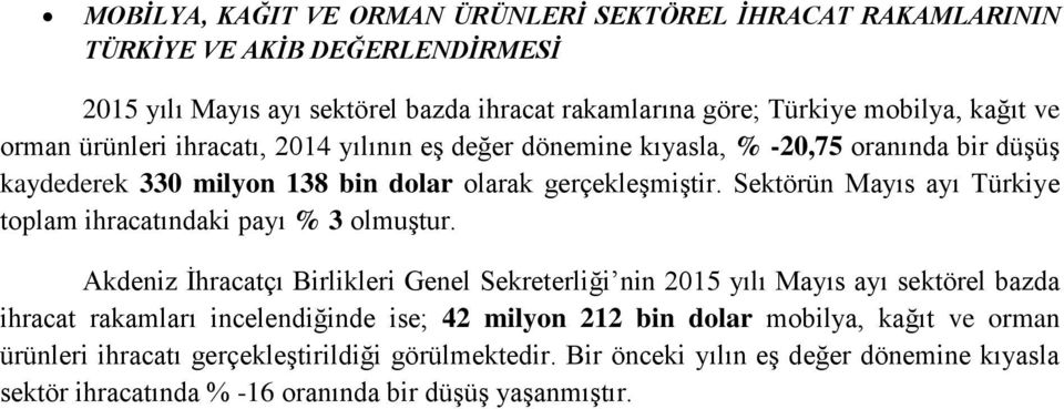 Sektörün Mayıs ayı Türkiye toplam ihracatındaki payı % 3 olmuştur.