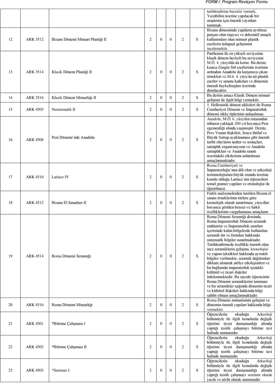21 ARK 4501 *Bitirme Çalışması I 2 0 0 2 S 22 ARK 4502 *Bitirme Çalışması II 2 0 0 2 S 23 ARK 4503 *Seminer I 2 0 0 2 S tarihlendirme becerisi vermek, Yazıtbilim üzerine yapılacak bir araştırma için