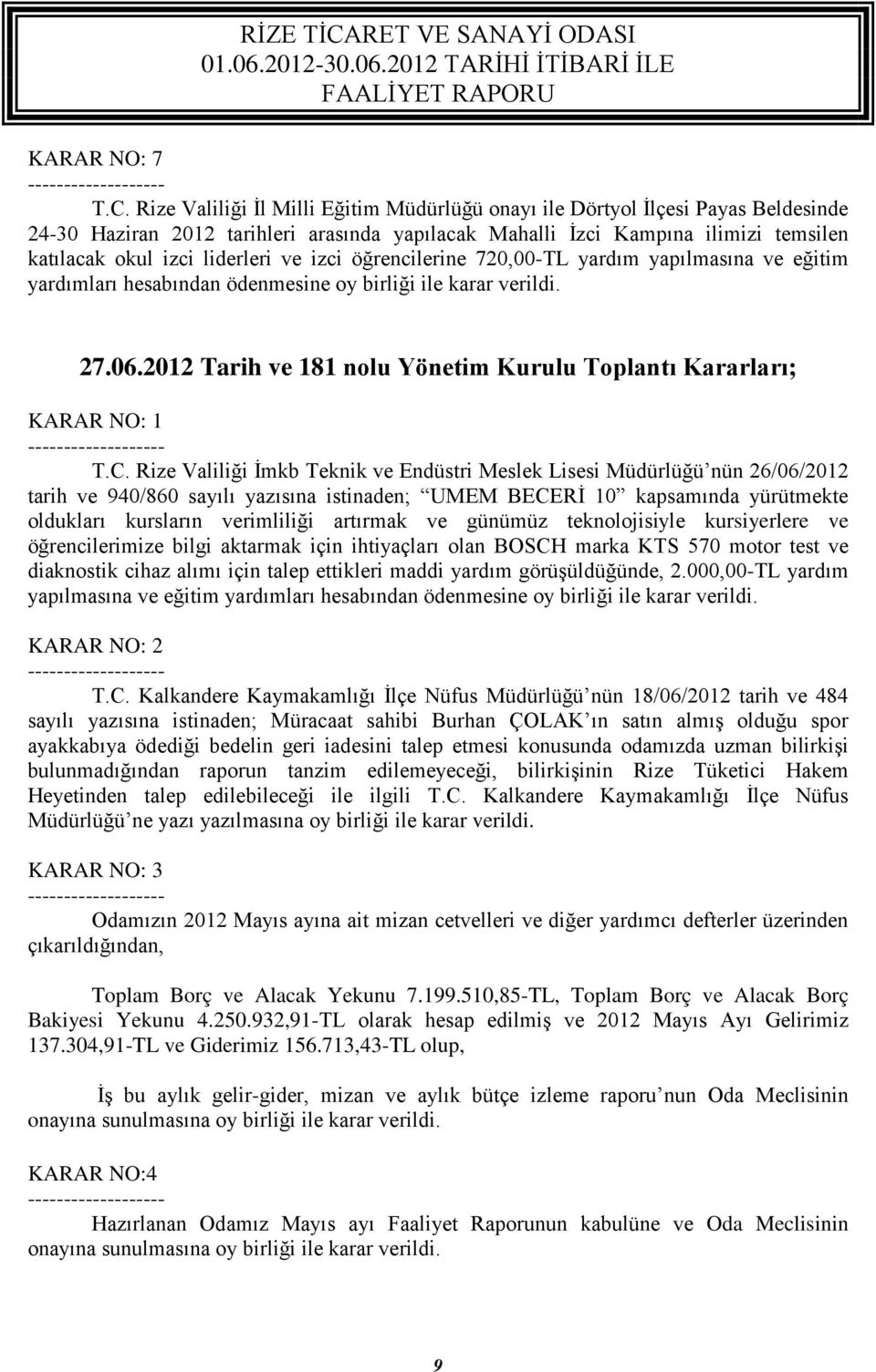 ve izci öğrencilerine 720,00-TL yardım yapılmasına ve eğitim yardımları hesabından ödenmesine oy birliği ile karar verildi. 27.06.