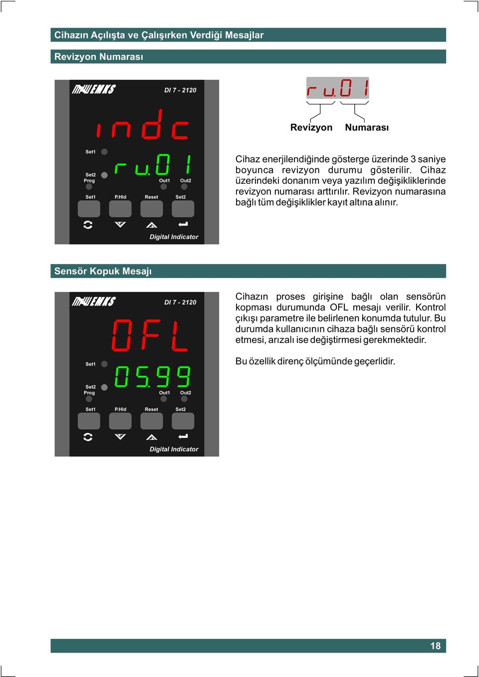 Digital Indicator Sensör Kopuk Mesajý DI 7-2120 Cihazýn proses giriþine baðlý olan sensörün kopmasý durumunda OFL mesajý verilir.