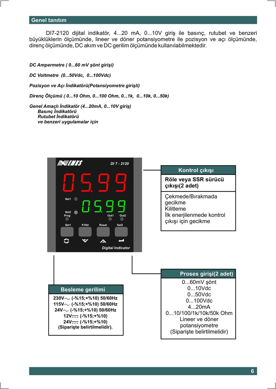 DC Ampermetre ( 0...60 mv þönt giriþi) DC Voltmetre (0...50Vdc, 0...100Vdc) Pozisyon ve Açý Ýndikatörü(Potansiyometre giriþli) Direnç Ölçümü ( 0...10 Ohm, 0...100 Ohm, 0...1k, 0...10k, 0.