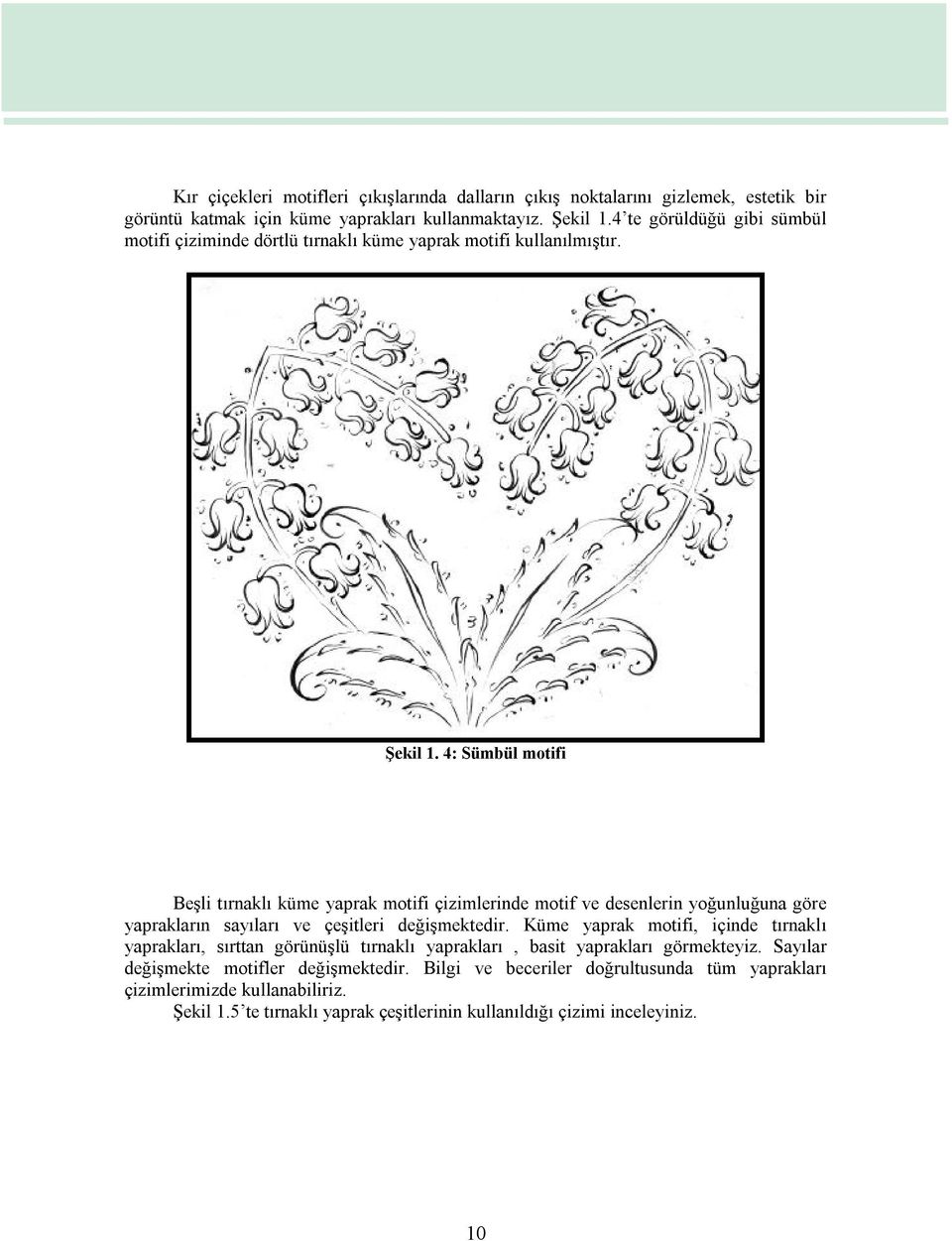 4: Sümbül motifi Beşli tırnaklı küme yaprak motifi çizimlerinde motif ve desenlerin yoğunluğuna göre yaprakların sayıları ve çeşitleri değişmektedir.