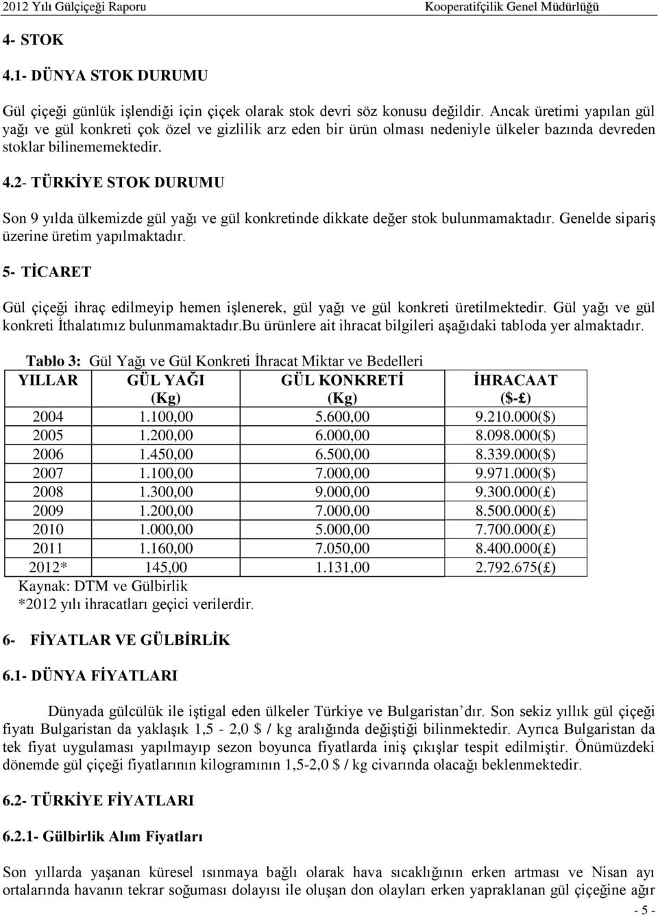 2- TÜRKİYE STOK DURUMU Son 9 yılda ülkemizde gül yağı ve gül konkretinde dikkate değer stok bulunmamaktadır. Genelde sipariş üzerine üretim yapılmaktadır.