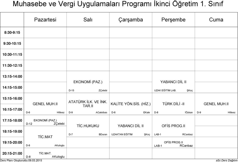 II ACakirbas KALİTE YÖN.SİS. (HİZ.) D-6 EKale TÜRK DİLİ -II İÖzkan GENEL MUH.