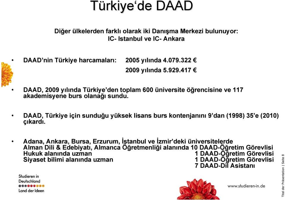 DAAD, Türkiye T için i in sunduğu u yüksek y lisans burs kontenjanını 9 dan (1998) 35 e e (2010) çıkardı.