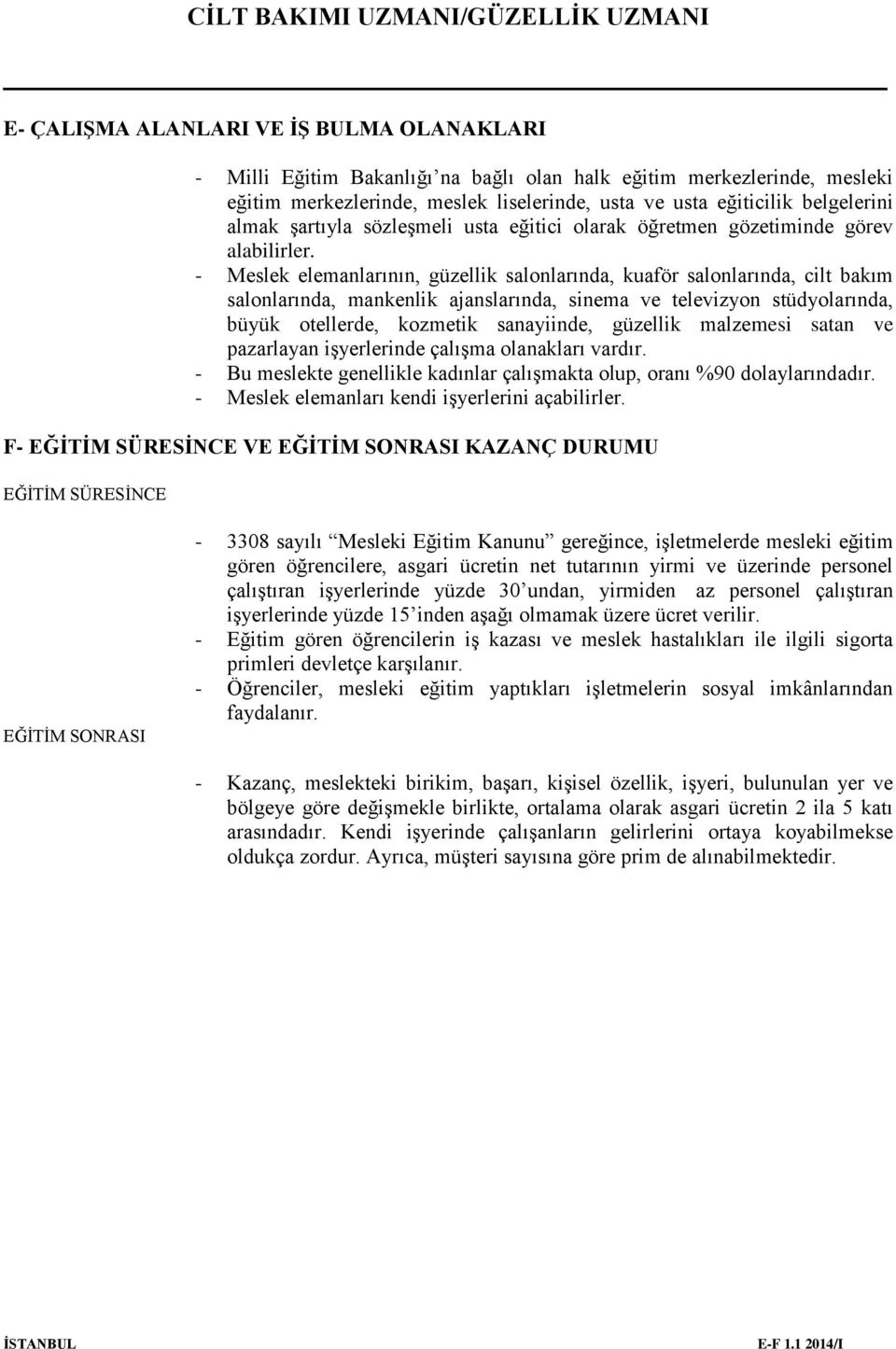 - Meslek elemanlarının, güzellik salonlarında, kuaför salonlarında, cilt bakım salonlarında, mankenlik ajanslarında, sinema ve televizyon stüdyolarında, büyük otellerde, kozmetik sanayiinde, güzellik