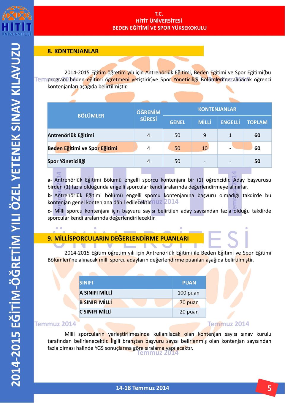 kontenjanları aşağıda belirtilmiştir.