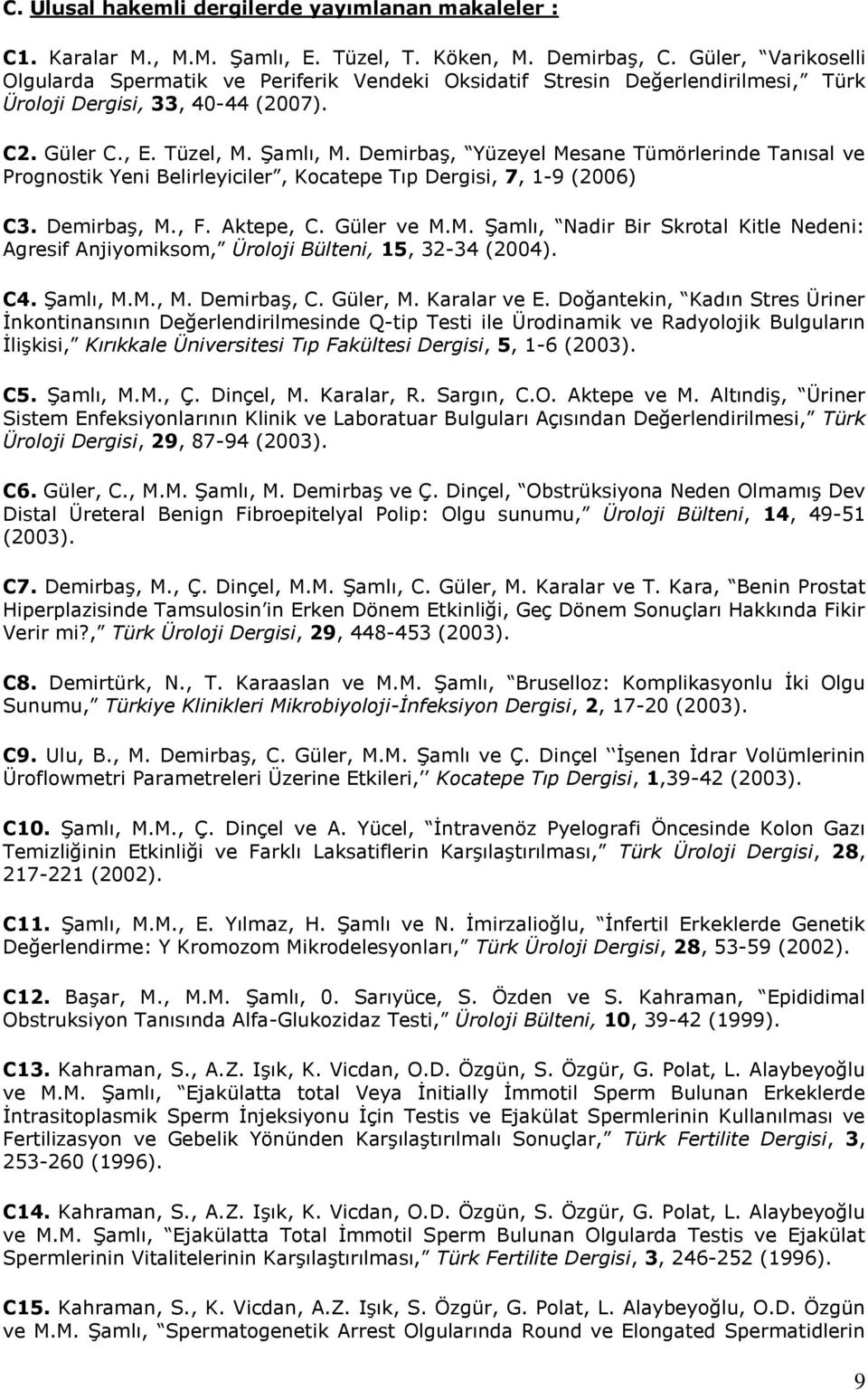 Demirbaş, Yüzeyel Mesane Tümörlerinde Tanısal ve Prognostik Yeni Belirleyiciler, Kocatepe Tıp Dergisi, 7, 1-9 (2006) C3. Demirbaş, M., F. Aktepe, C. Güler ve M.M. Şamlı, Nadir Bir Skrotal Kitle Nedeni: Agresif Anjiyomiksom, Üroloji Bülteni, 15, 32-34 (2004).