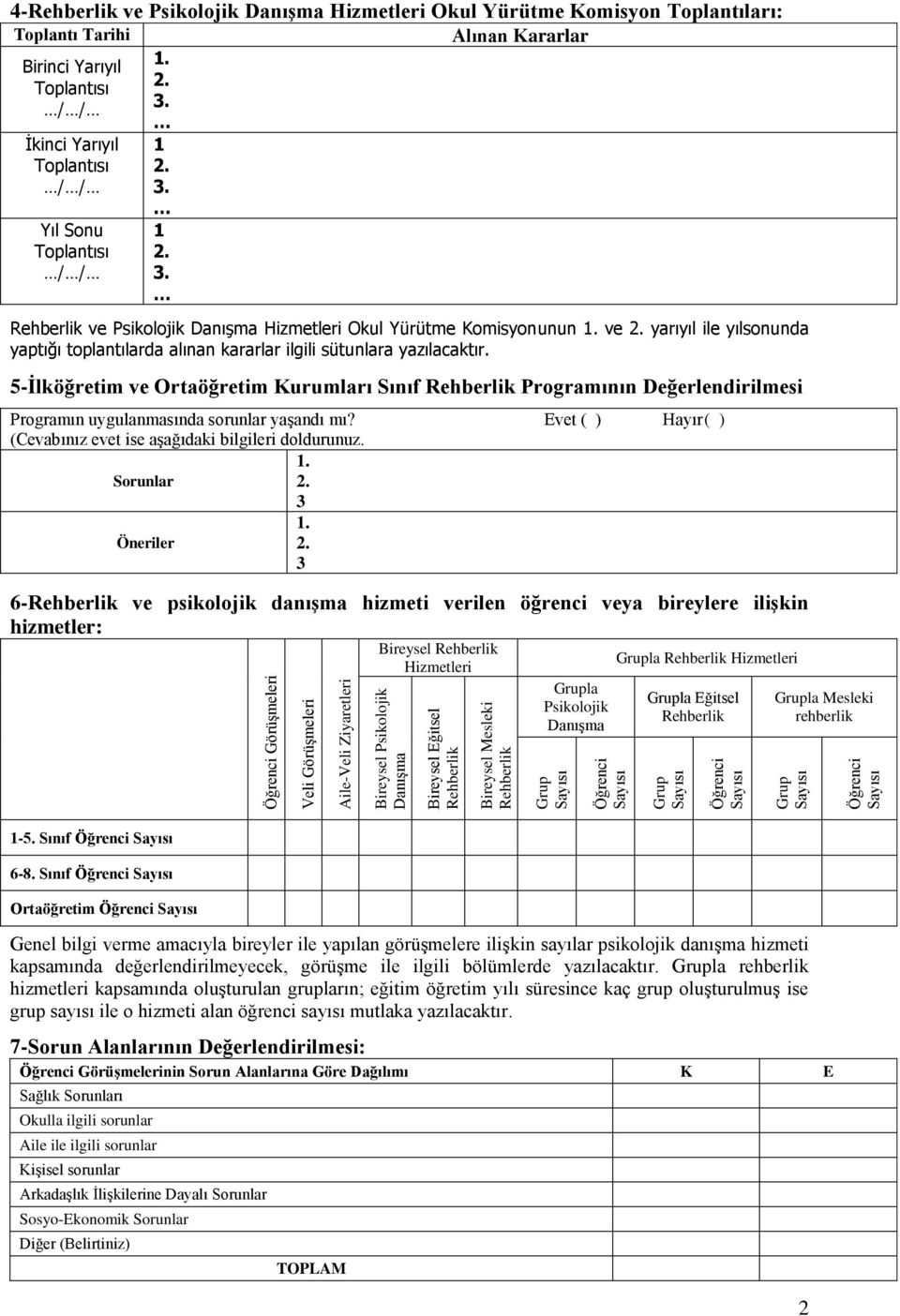 5-İlköğretim ve Ortaöğretim Kurumları Sınıf Rehberlik Programının Değerlendirilmesi Programın uygulanmasında sorunlar yaşandı mı? Evet ( ) Hayır( ) (Cevabınız evet ise aşağıdaki bilgileri doldurunuz.