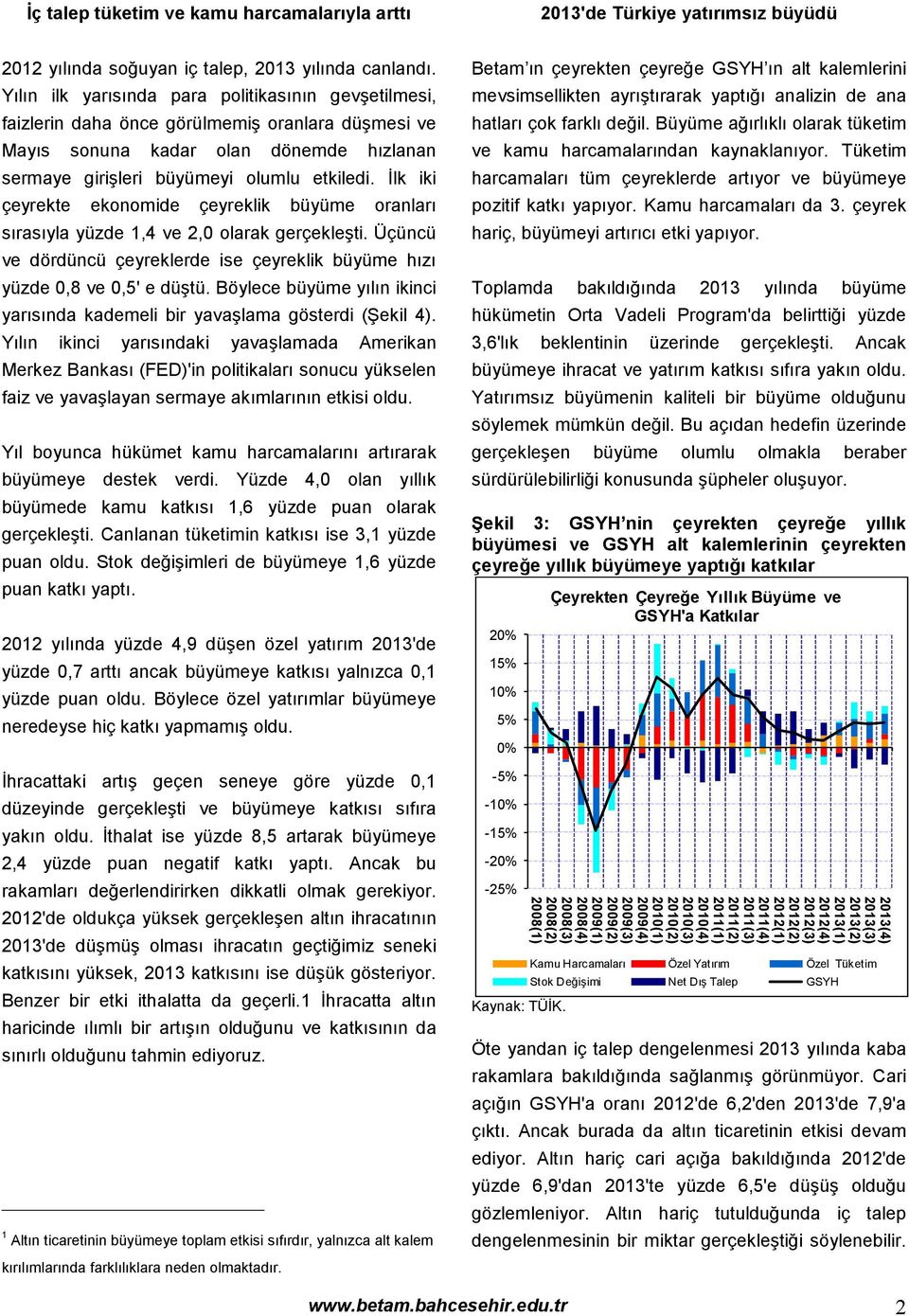 İlk iki çeyrekte ekonomide çeyreklik büyüme oranları sırasıyla yüzde 1,4 ve 2,0 olarak gerçekleşti. Üçüncü ve dördüncü çeyreklerde ise çeyreklik büyüme hızı yüzde 0,8 ve 0,5' e düştü.