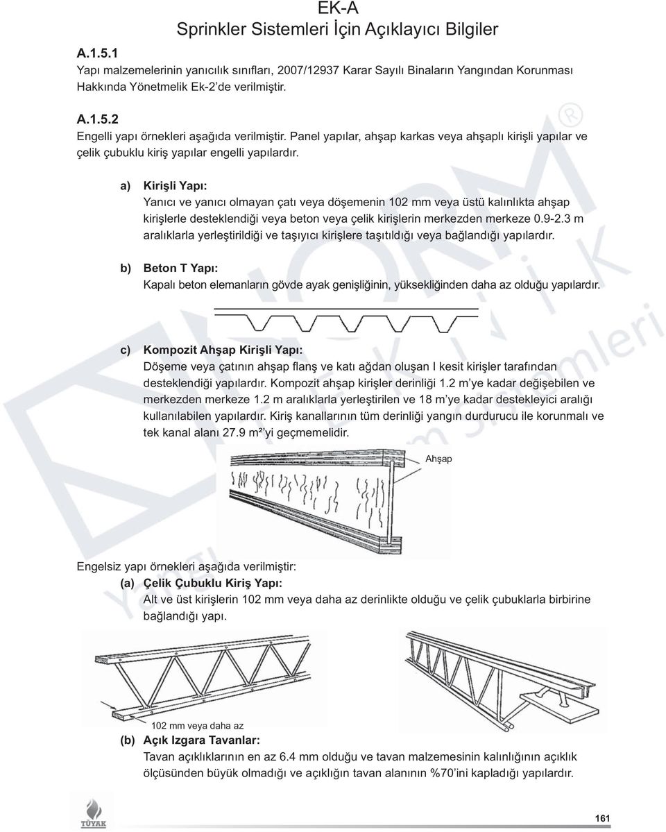 a) Kirişli Yapı: Yanıcı ve yanıcı olmayan çatı veya döşemenin 102 mm veya üstü kalınlıkta ahşap kirişlerle desteklendiği veya beton veya çelik kirişlerin merkezden merkeze 0.9-2.