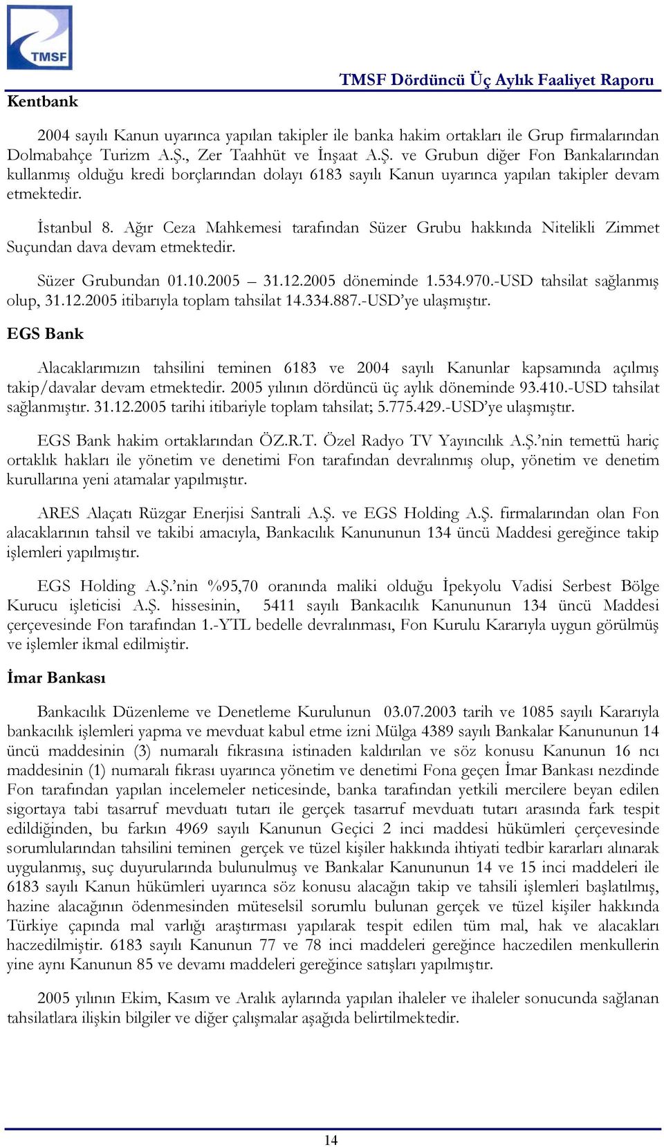 Ağır Ceza Mahkemesi tarafından Süzer Grubu hakkında Nitelikli Zimmet Suçundan dava devam etmektedir. Süzer Grubundan 01.10.2005 döneminde 1.534.970.