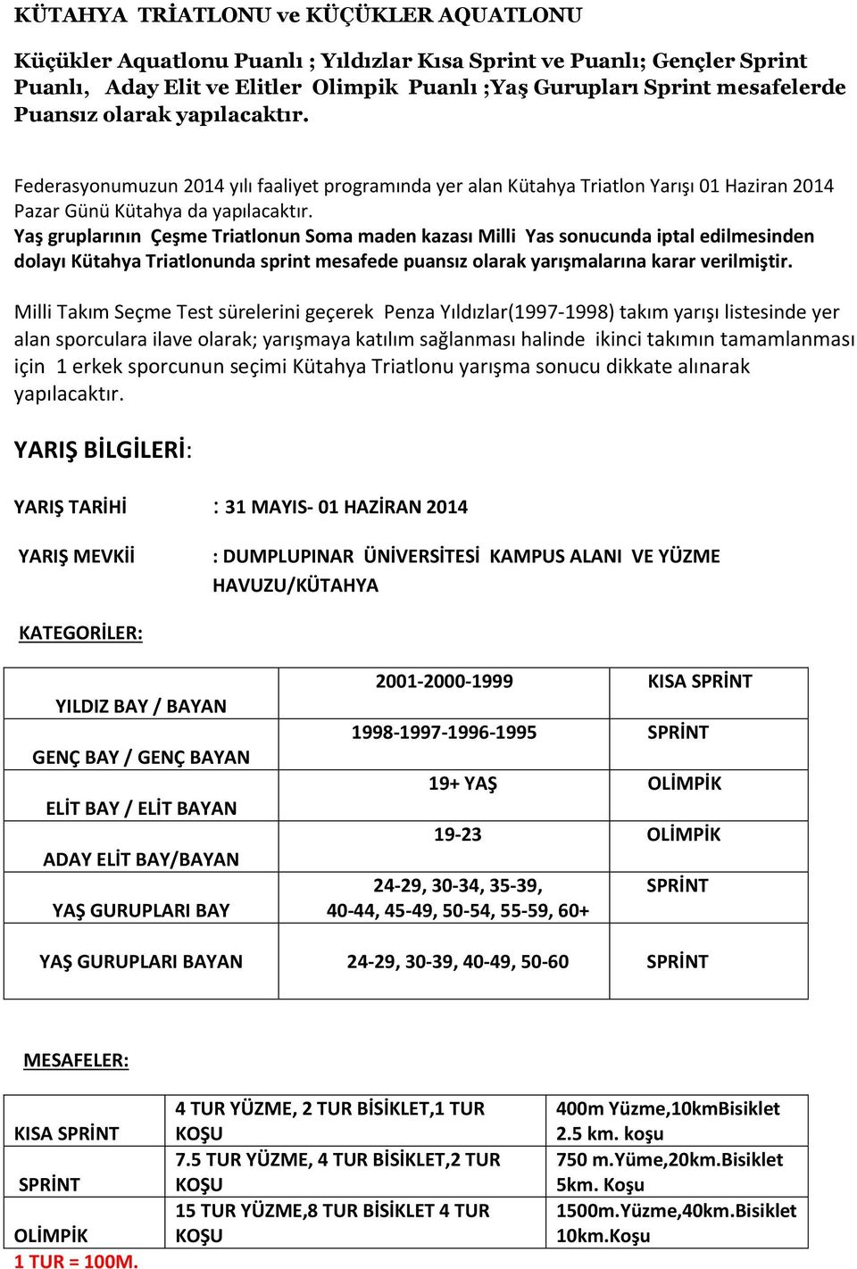 Yaş gruplarının Çeşme Triatlonun Soma maden kazası Milli Yas sonucunda iptal edilmesinden dolayı Kütahya Triatlonunda sprint mesafede puansız olarak yarışmalarına karar verilmiştir.