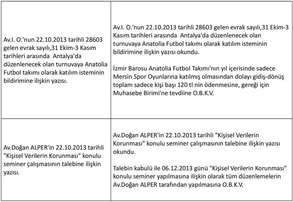 sayılı,31 Ekim-3 Kasım tarihleri arasında Antalya'da düzenlenecek olan turnuvaya Anatolia Futbol takımı olarak katılım isteminin bildirimine ilişkin yazısı İzmir Barosu Anatolia Futbol Takımı'nın yıl