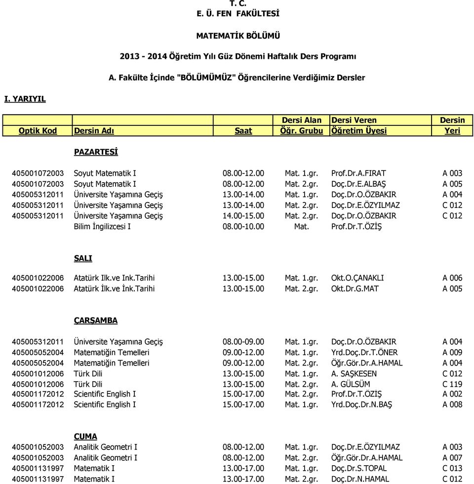 00-15.00 Mat. 2.gr. Doç.Dr.O.ÖZBAKIR C 012 Bilim İngilizcesi I 08.00-10.00 Mat. Prof.Dr.T.ÖZİŞ 405001022006 Atatürk İlk.ve İnk.Tarihi 13.00-15.00 Mat. 1.gr. Okt.O.ÇANAKLI A 006 405001022006 Atatürk İlk.