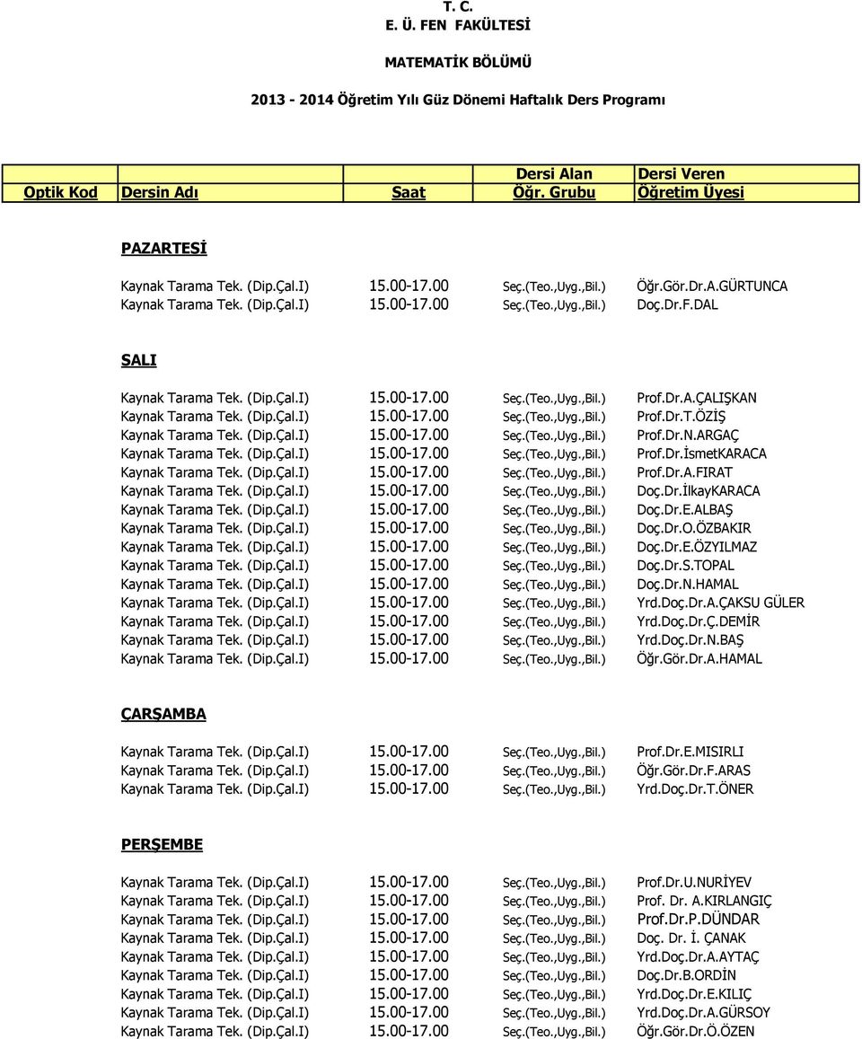 (Dip.Çal.I) 15.00-17.00 Seç.(Teo.,Uyg.,Bil.) Prof.Dr.İsmetKARACA Kaynak Tarama Tek. (Dip.Çal.I) 15.00-17.00 Seç.(Teo.,Uyg.,Bil.) Prof.Dr.A.FIRAT Kaynak Tarama Tek. (Dip.Çal.I) 15.00-17.00 Seç.(Teo.,Uyg.,Bil.) Doç.