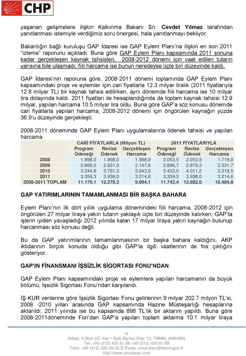 Buna göre GAP Eylem Planı kapsamında 2011 sonuna kadar gerçekleşen kaynak tahsisleri, 2008-2012 dönemi için vaat edilen tutarın yarısına bile ulaşmadı; fiili harcama ise bunun neredeyse üçte biri